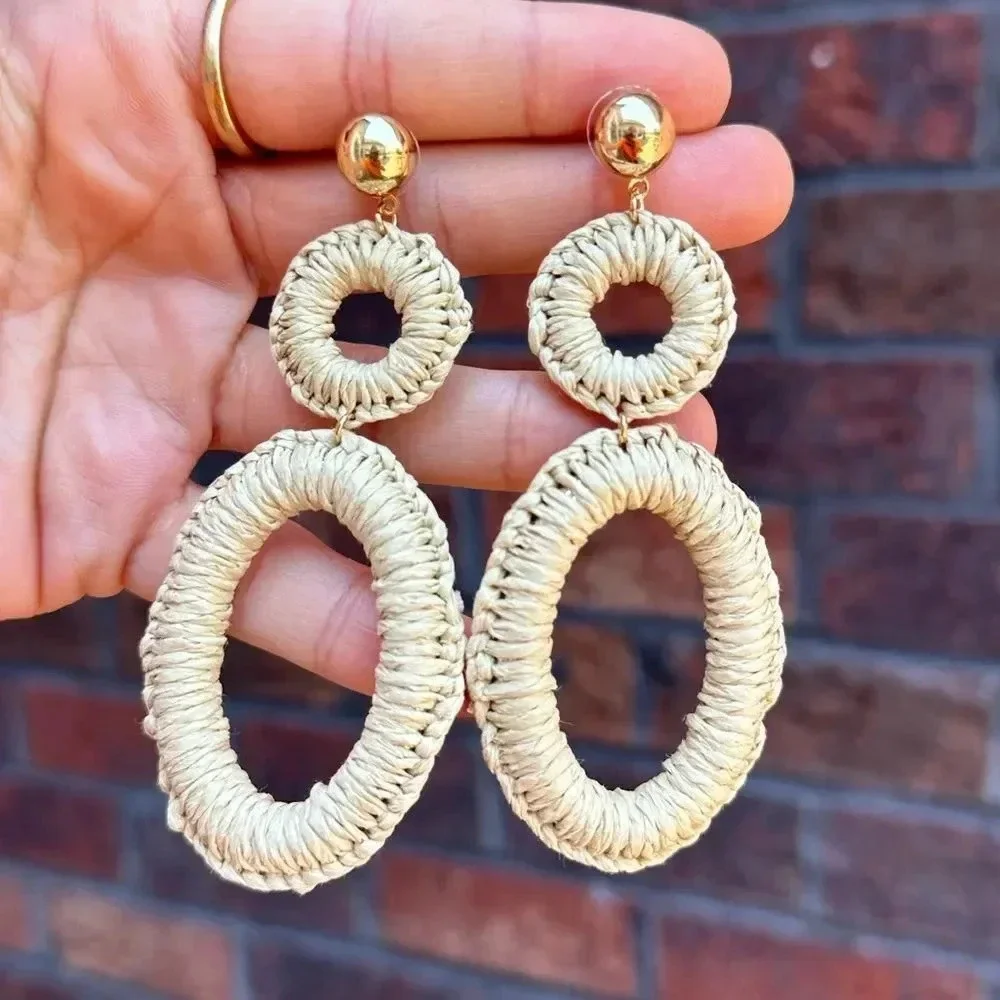 Summer Trendy Bohemian Rattan Oval Earrings